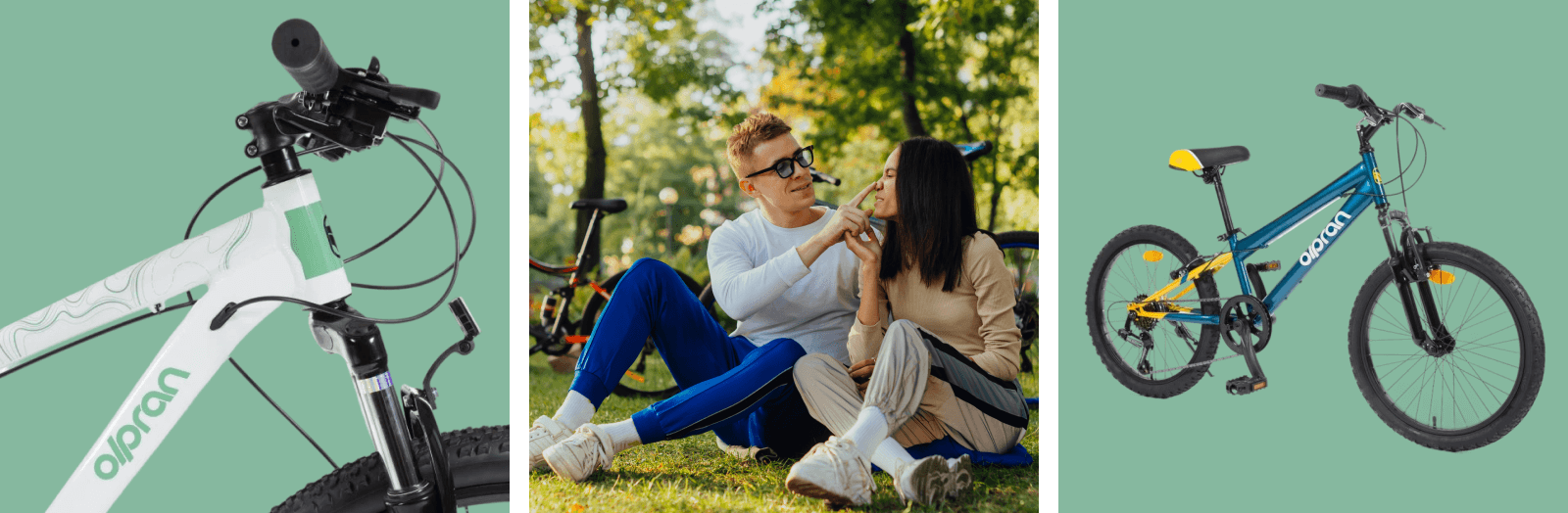 tři obrázky se dvěma koly a&nbsp;párem sedícím v&nbsp;přírodě