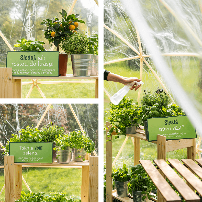 cedule se slogany ve skleníku